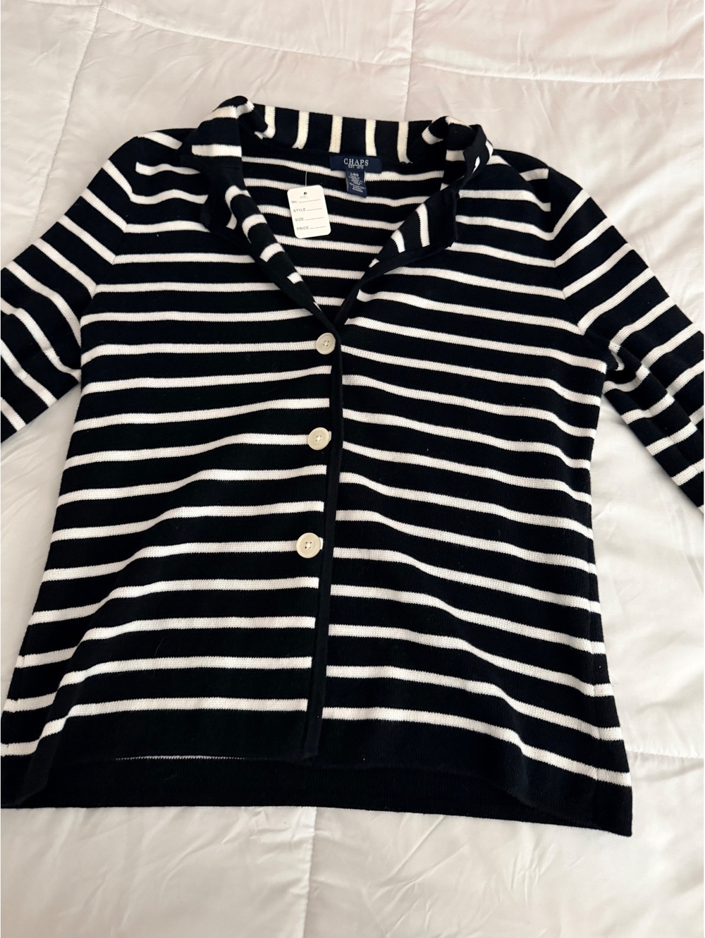 Chaps Women's Black and White Striped Cotton Cardigan Sweate